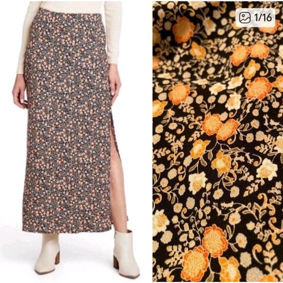Nili Lotan x Target Floral Calico size 1X black yellow Liberty maxi skirt Slit - Picture 1 of 9